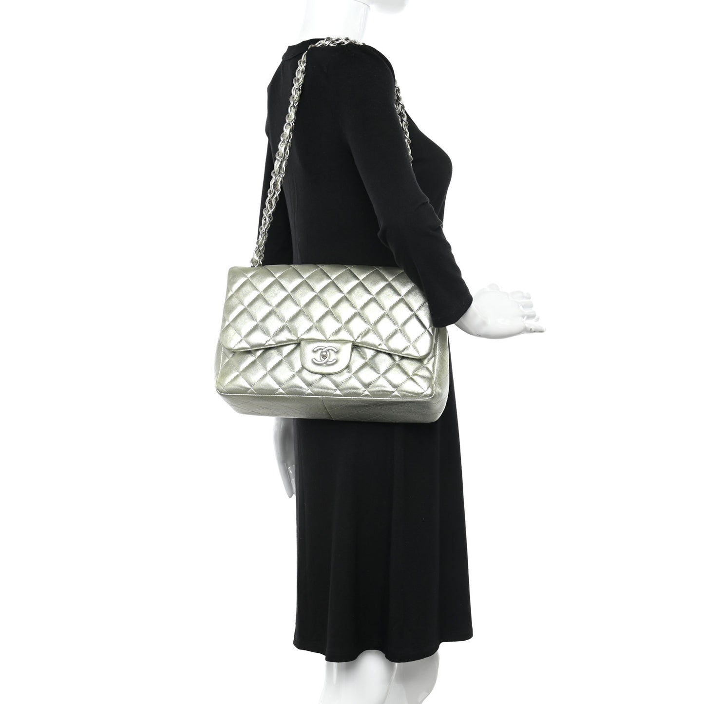 Metallic Lambskin Quilted Jumbo Double Flap Green