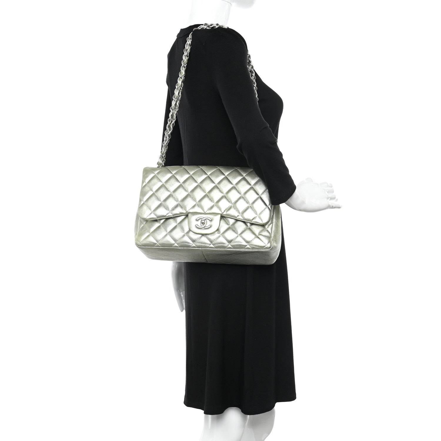 Chanel Metallic Lambskin Quilted Jumbo Double Flap Green 2 of 14