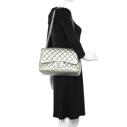 Chanel Metallic Lambskin Quilted Jumbo Double Flap Green 2 of 14