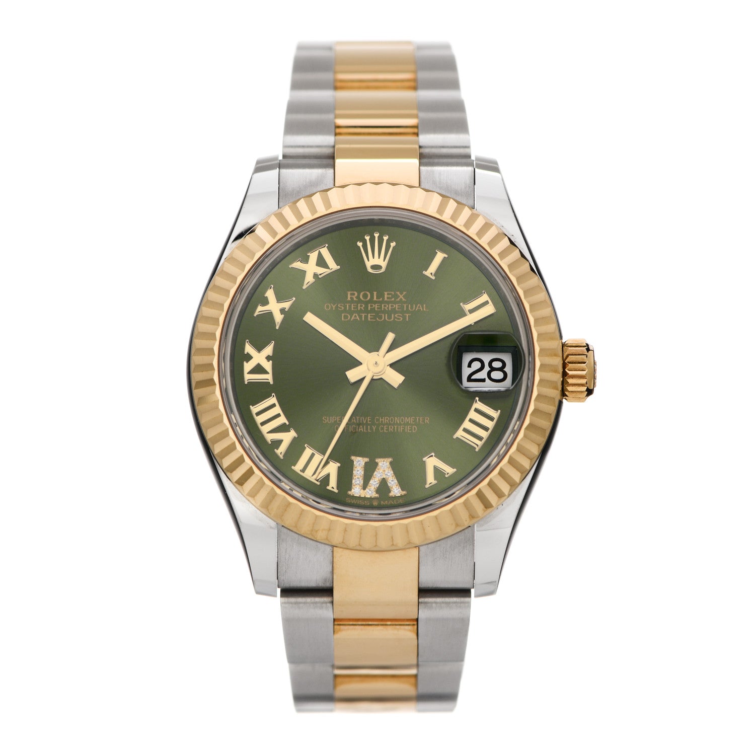 Rolex Stainless Steel 18K Yellow Gold Diamond 31mm Oyster Perpetual Datejust Watch Olive Green Roman 278273 1 of 5