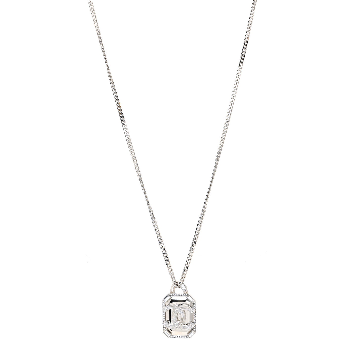 Crystal Baguette CC Mirror Pendant Necklace Silver