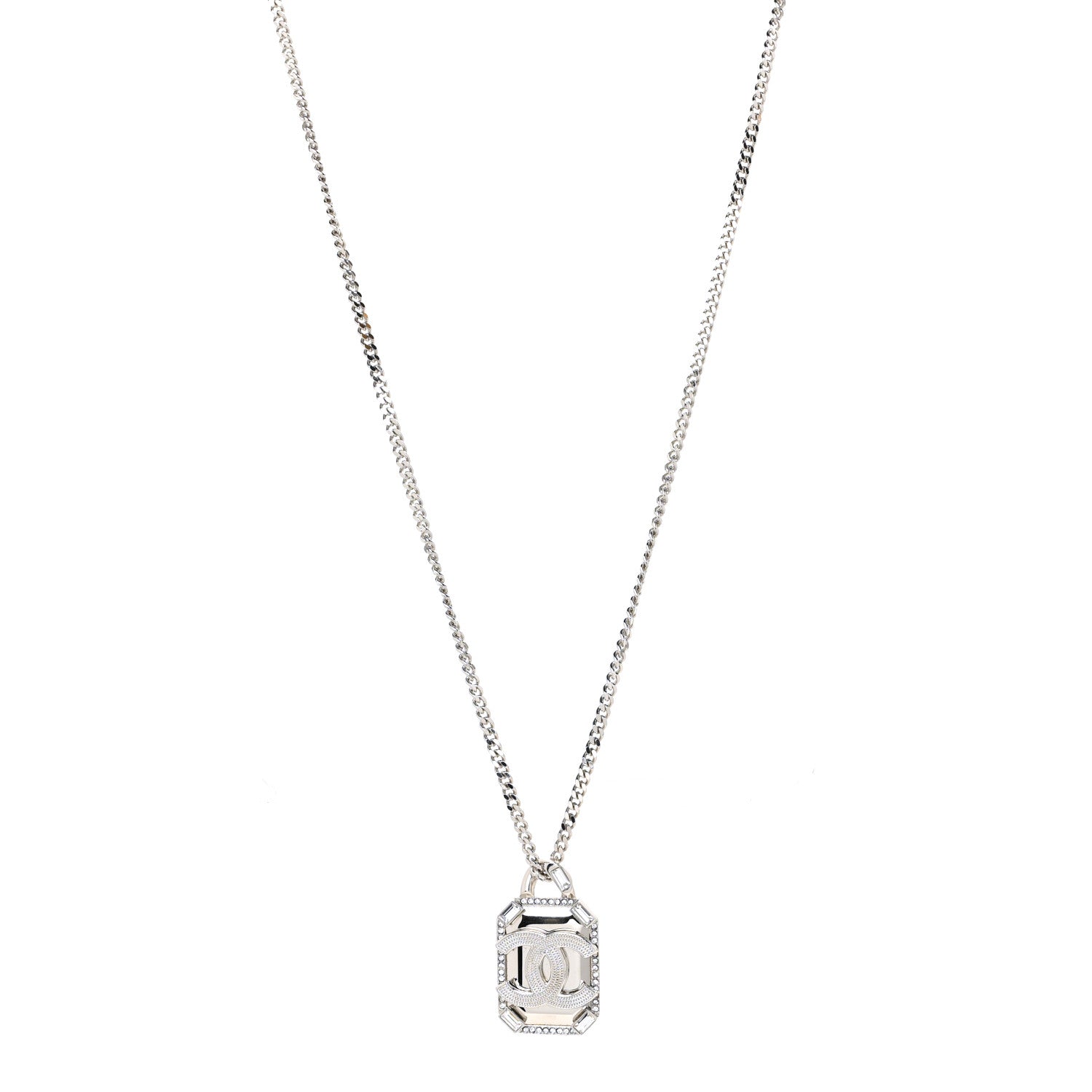Chanel Crystal Baguette CC Mirror Pendant Necklace Silver 3 of 5
