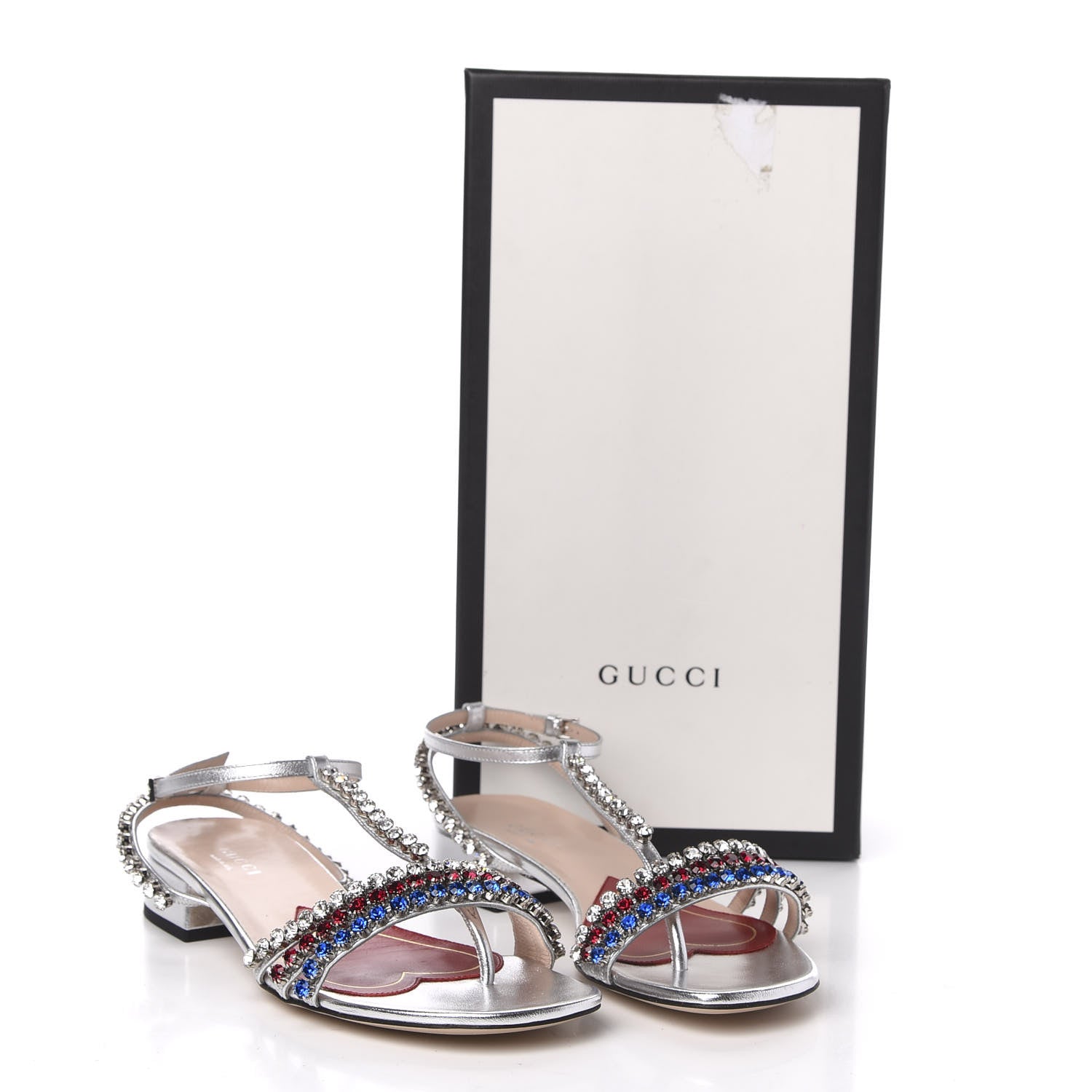 Gucci Nappa Silk Crystal Bertie T-Strap Low Heel Sandals 35.5 Argento 8 of 8