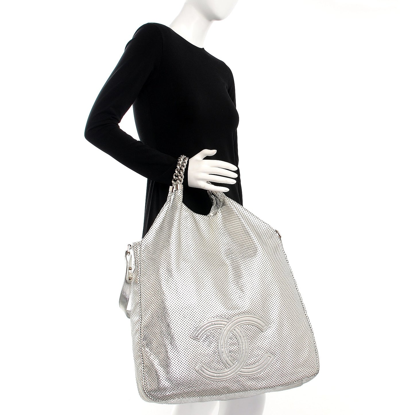 Metallic Glazed Calfskin Perforated Medium Rodeo Drive Tote Silver