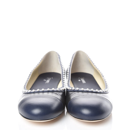 Chanel Lambskin Pearl Cap Toe CC Ballerina Flats 40 Black Navy 2 of 12