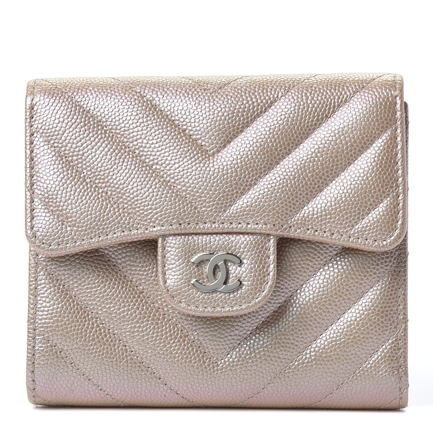 Chanel Metallic Caviar Chevron Quilted Compact Flap Wallet Light Gold 1 of 10
