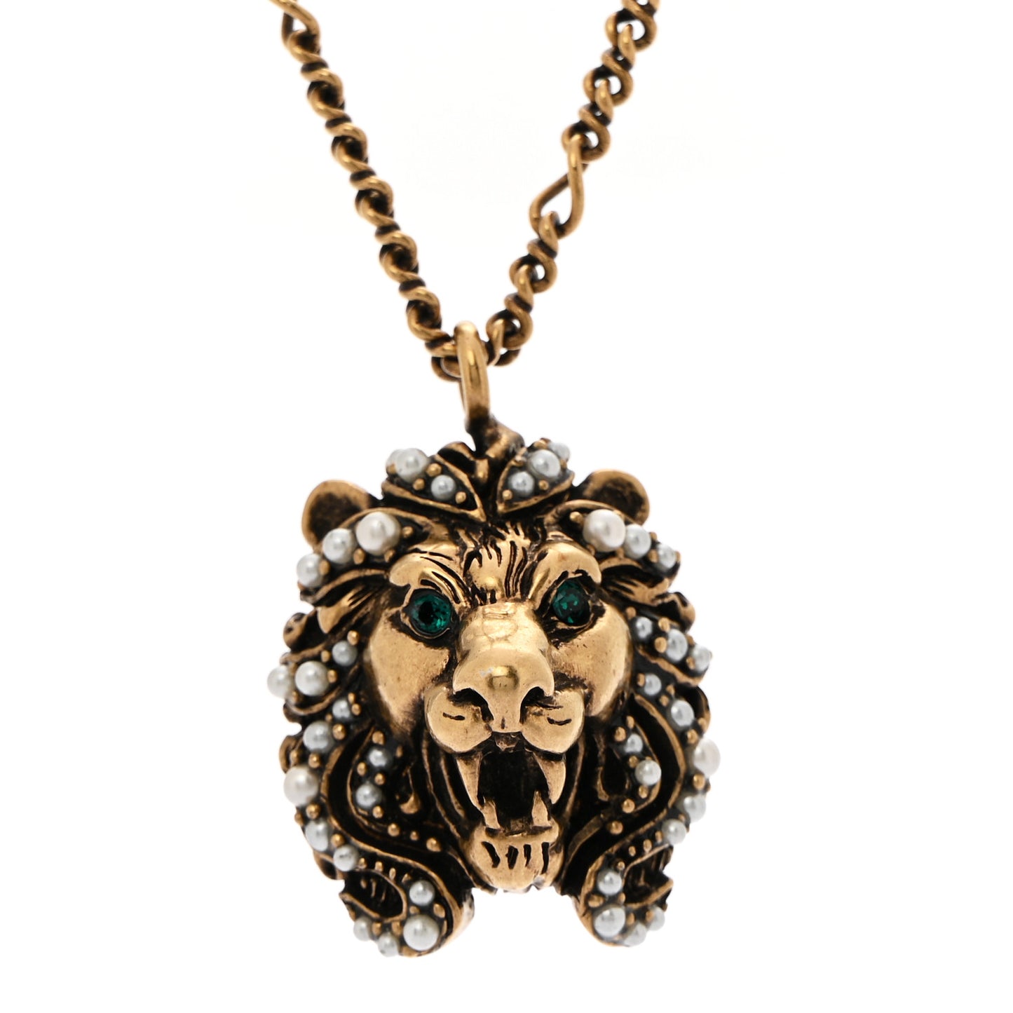 Metal Pearl Crystal Lion Head Necklace Aged Gold Multicolor