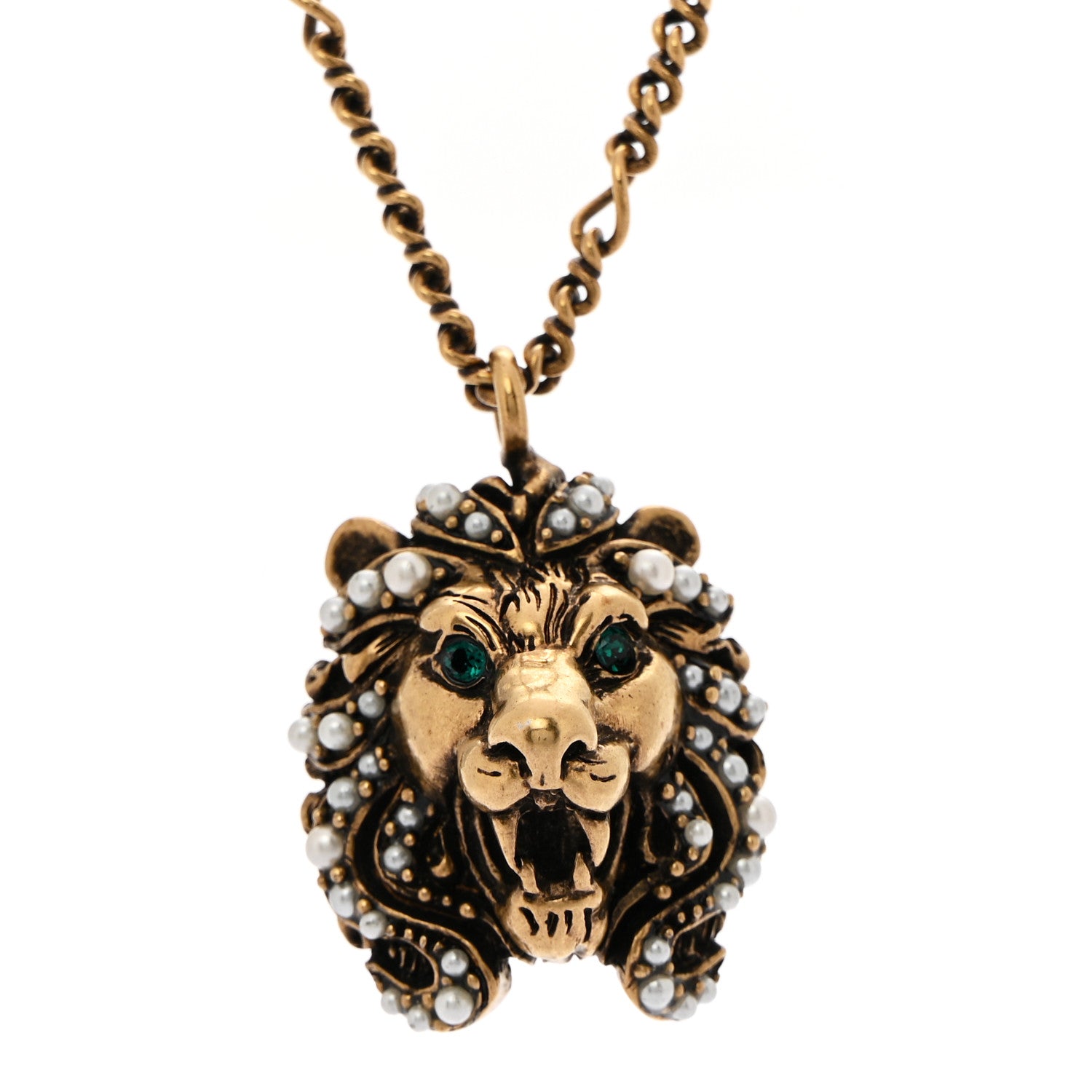 Gucci Metal Pearl Crystal Lion Head Necklace Aged Gold Multicolor 4 of 7