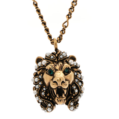 Gucci Metal Pearl Crystal Lion Head Necklace Aged Gold Multicolor 4 of 7