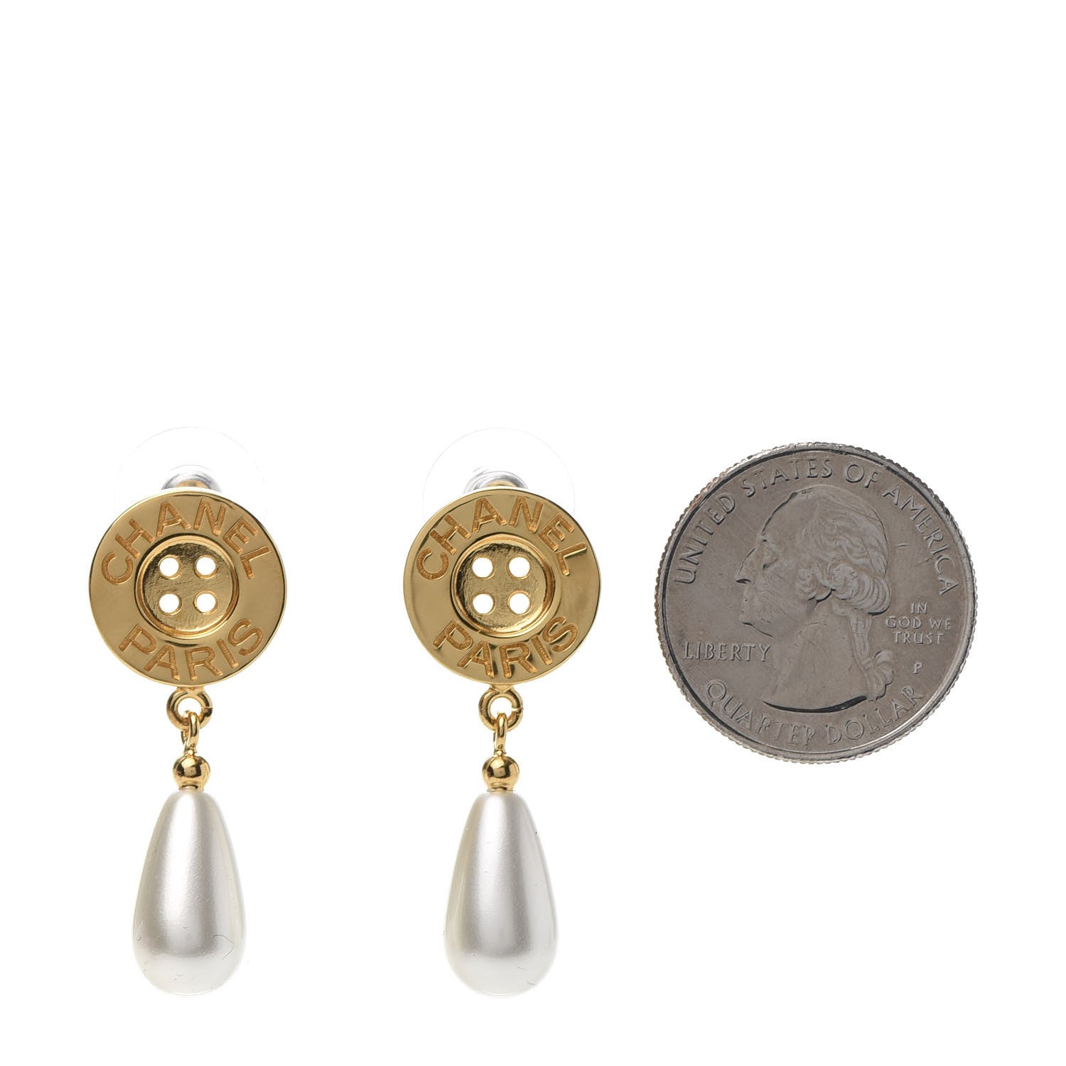 Chanel Metal Pearl Paris Button Drop Earrings Gold 2 of 5
