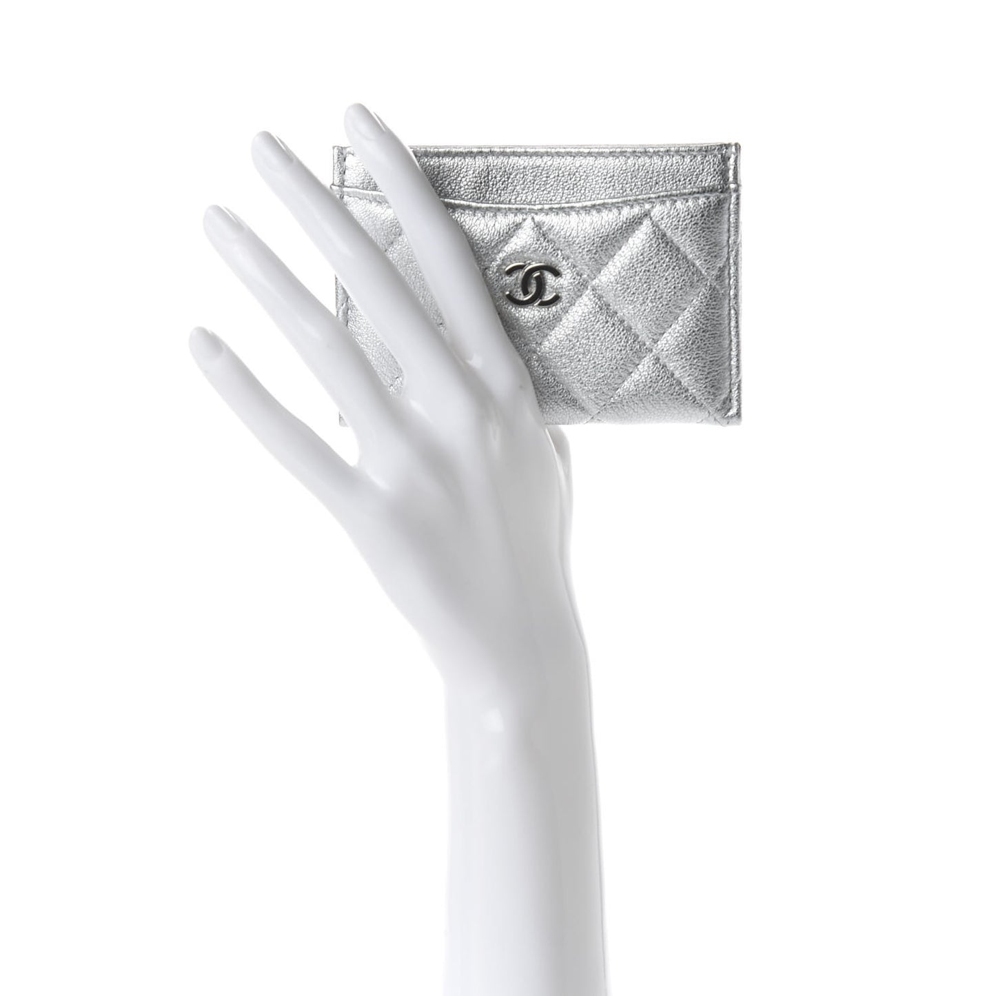 Metallic Lambskin Quilted Card Holder Silver