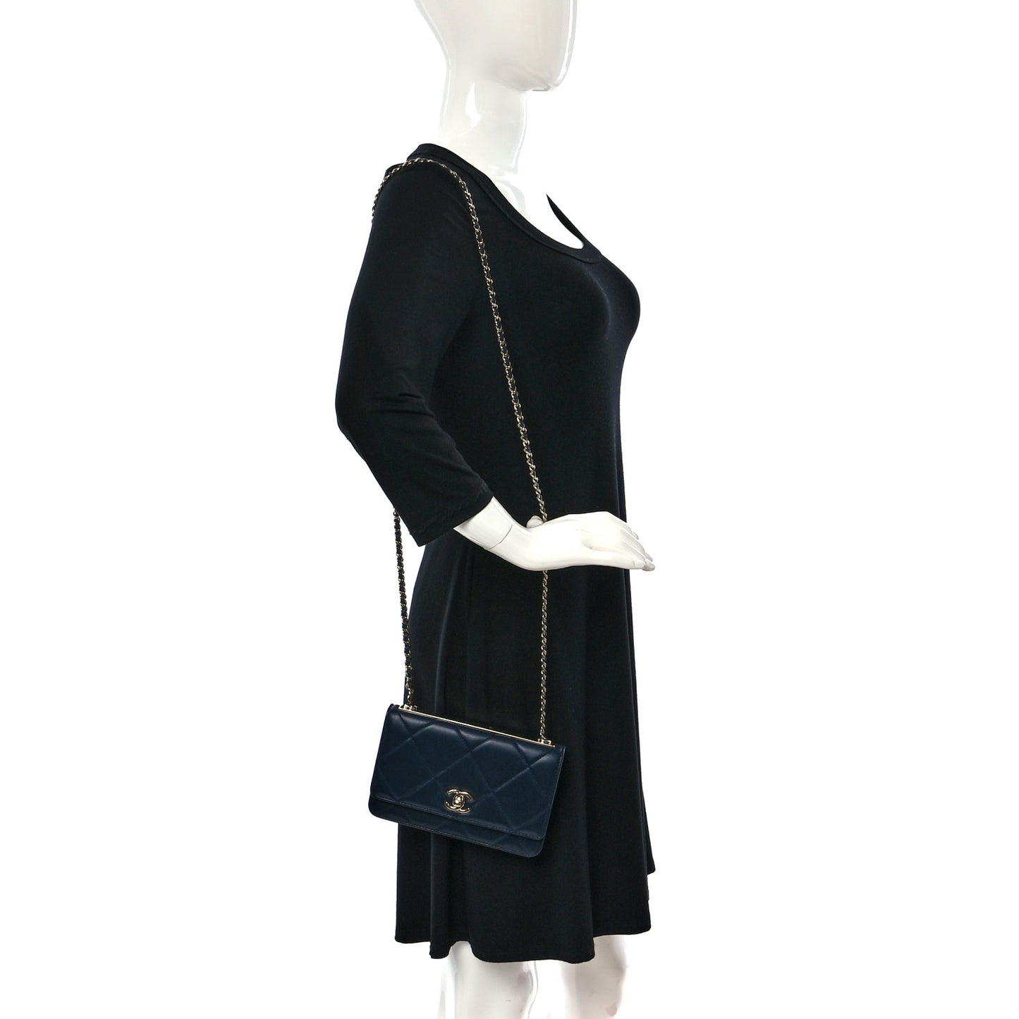 Lambskin Quilted Trendy CC Wallet On Chain WOC Navy