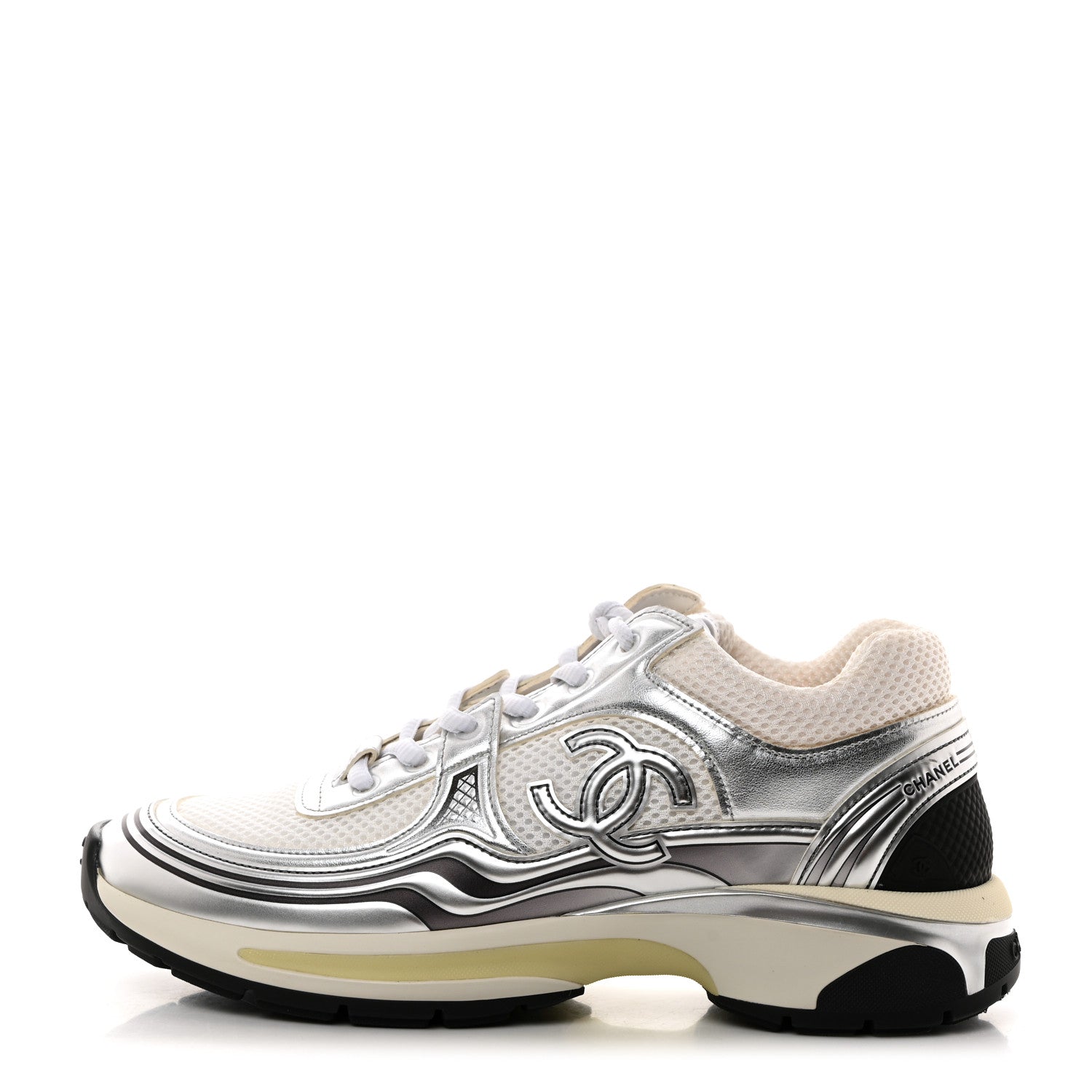 Chanel Fabric Laminated Calfskin Stretch CC Womens Sneakers 38.5 White Silver 1 of 9