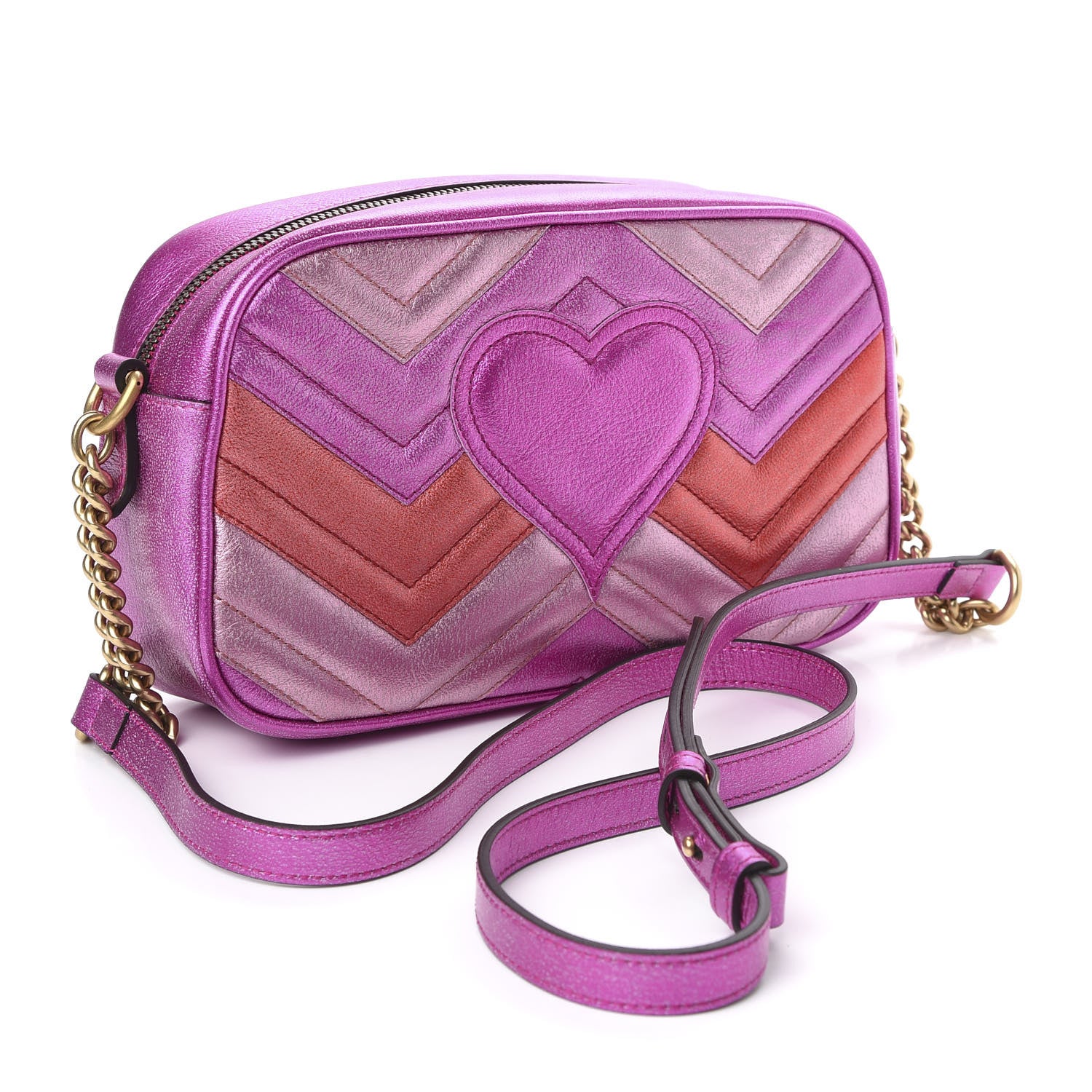 Gucci Laminated Nappa Matelasse Small GG Marmont Chain Shoulder Bag Fuxia Rosso Rosa 3 of 10