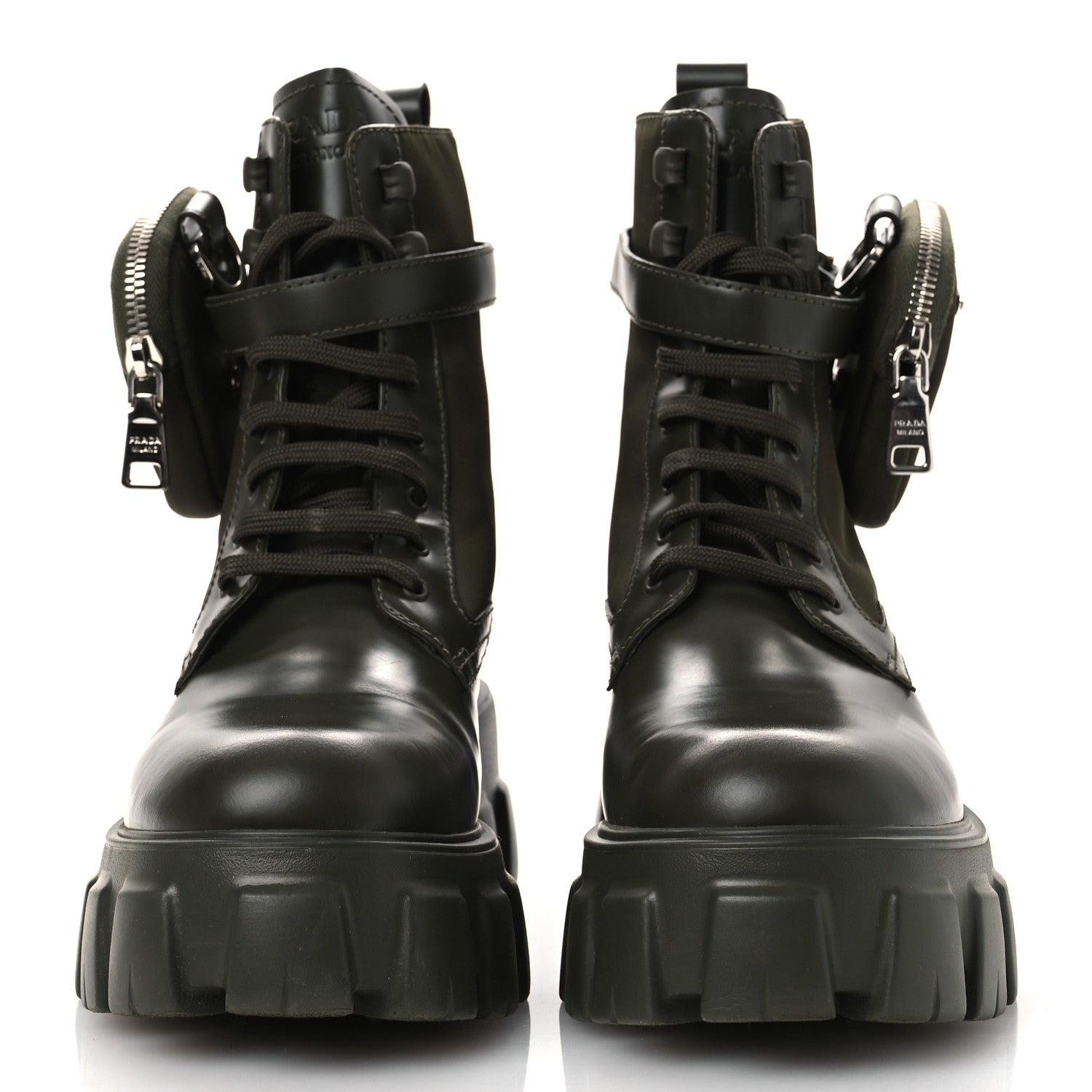 Prada Spazzolato Rois Re-Nylon Metal Triangle Logo Monolith Pouch Pocket 55mm Boots 40 Militare 3 of 13