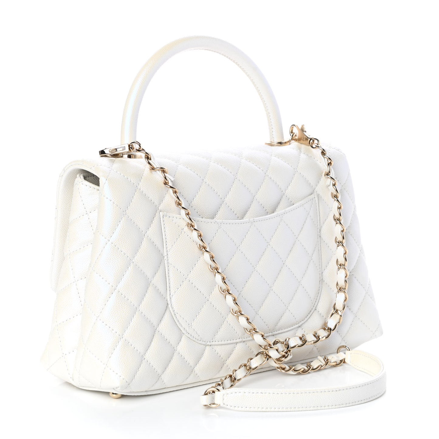Iridescent Caviar Quilted Small Coco Handle Flap White
