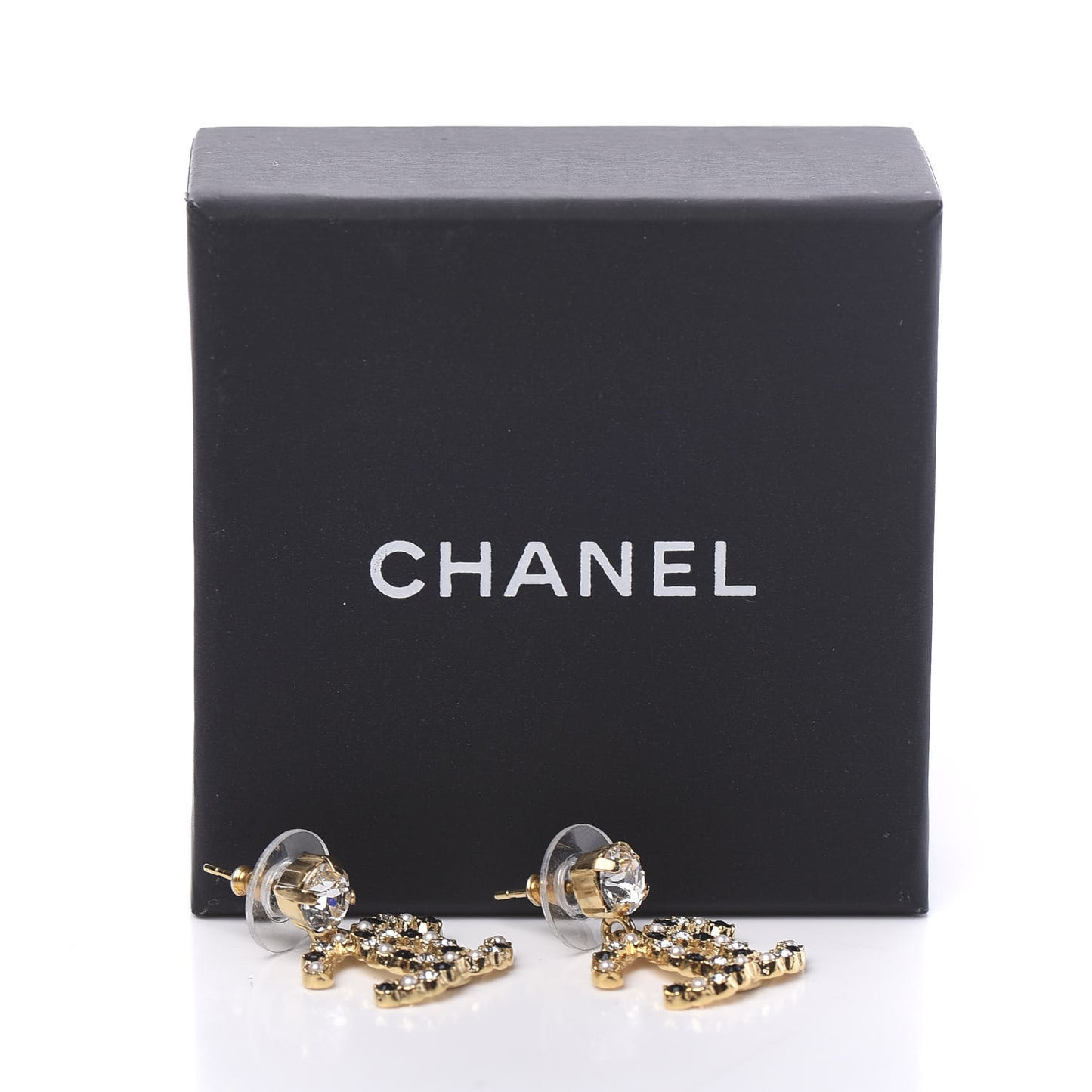 Resin Crystal Pearl CC Drop Earrings Gold Black