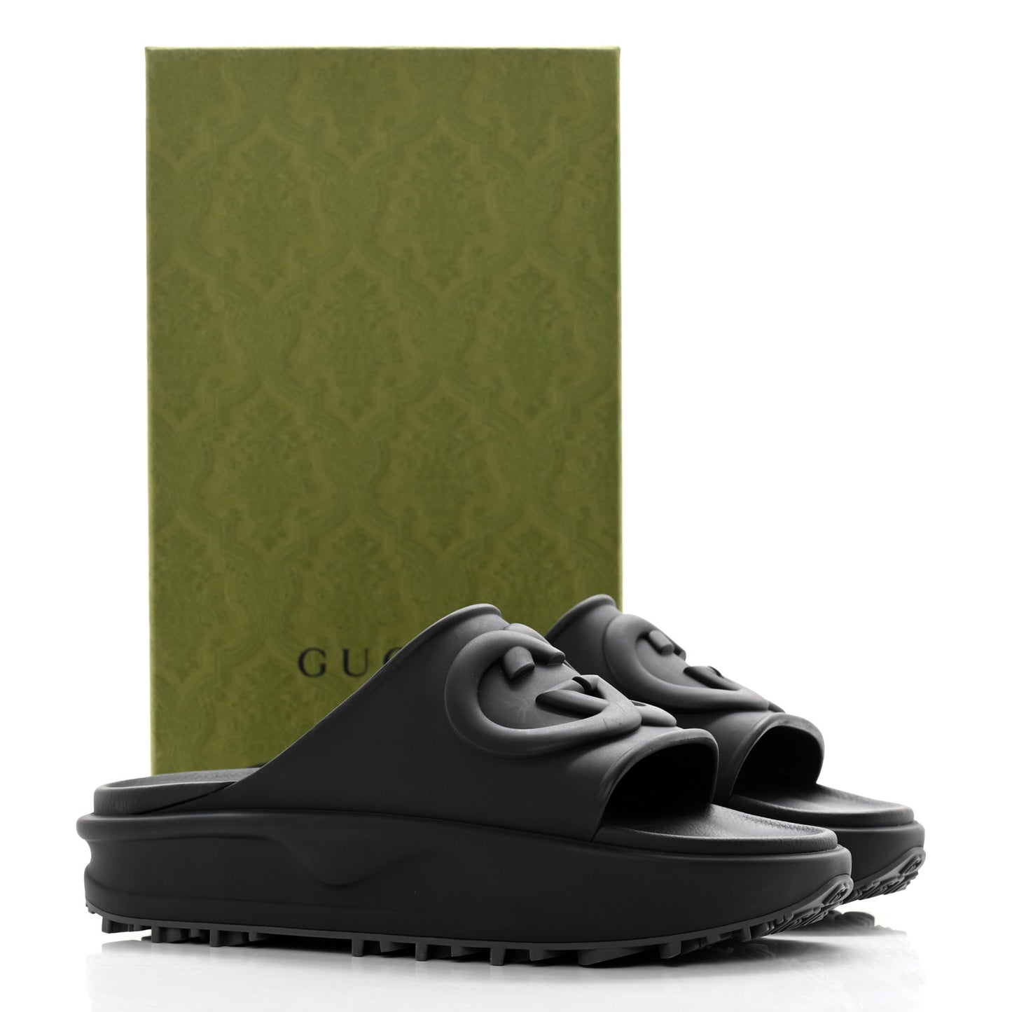 Soft Rubber Mens Interlocking G Platform 42mm Slide Sandals 10 Black