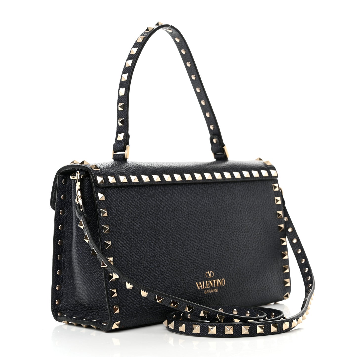 Pebbled Calfskin Small Rockstud Single Handle Flap Bag Deep Denim