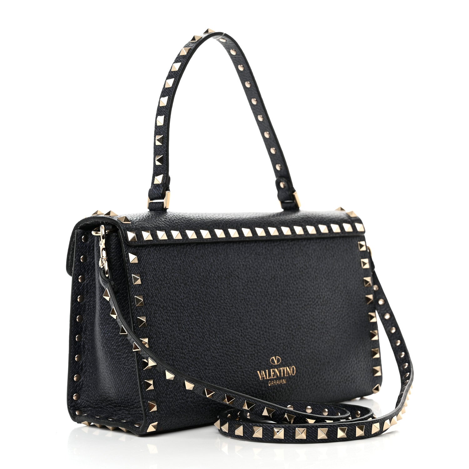 Valentino Garavani Pebbled Calfskin Small Rockstud Single Handle Flap Bag Deep Denim 3 of 9