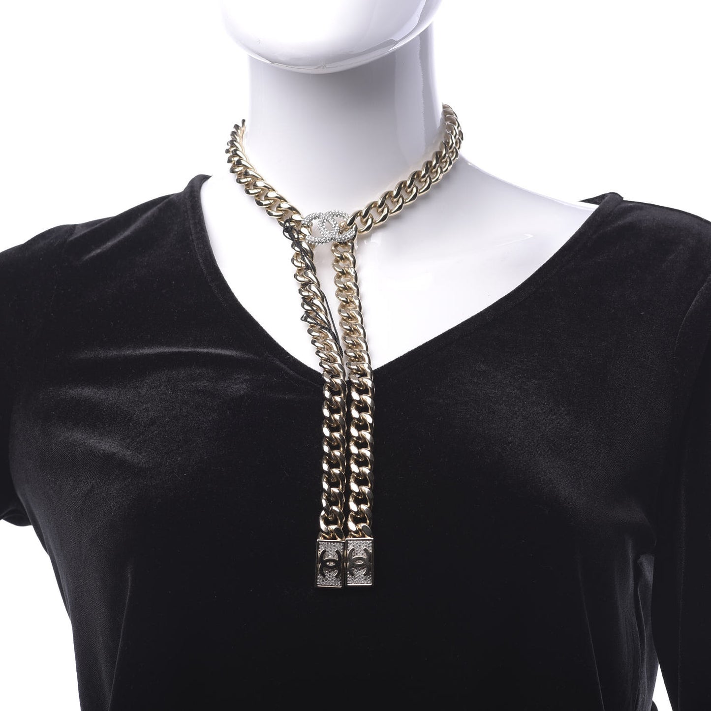 Chain Link Crystal CC Dog Tag Charm Necklace Gold