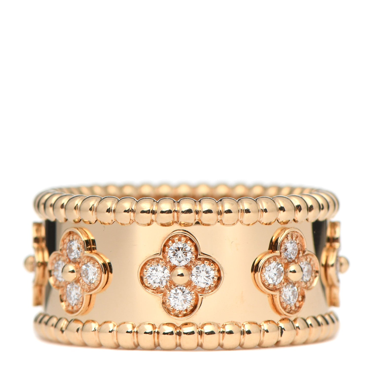 Van Cleef & Arpels 18K Yellow Gold Diamond Perlee Clovers Ring 58 8.5 3 of 7