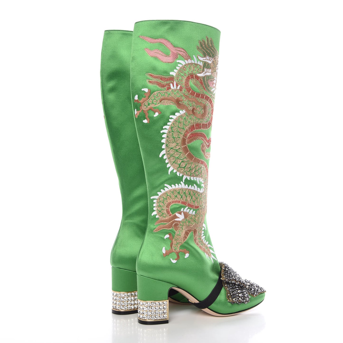 Silk Satin Malaga Kid Embroidered Candy Dragon Block-Heel Knee Boot 37 Palm