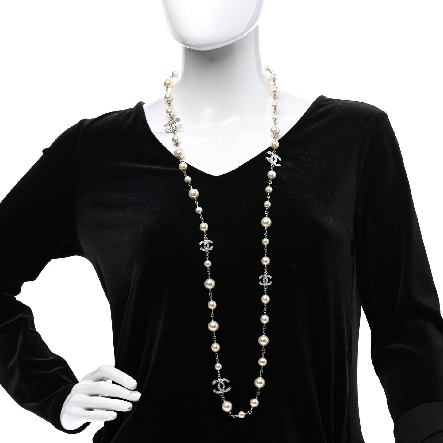 Crystal Pearl CC Long Necklace Silver