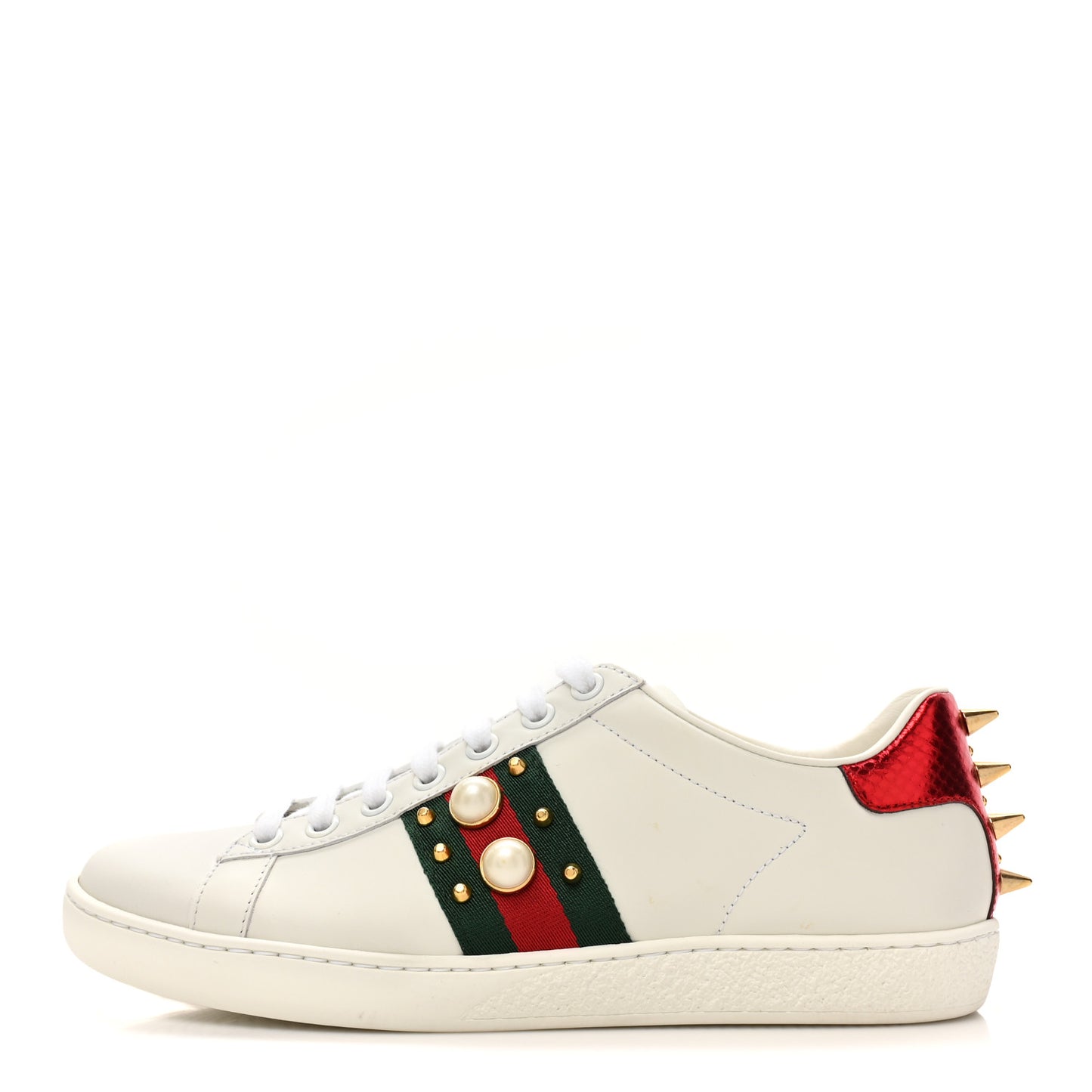 Calfskin Web Pearl Studded Womens Ace Sneakers 36 White