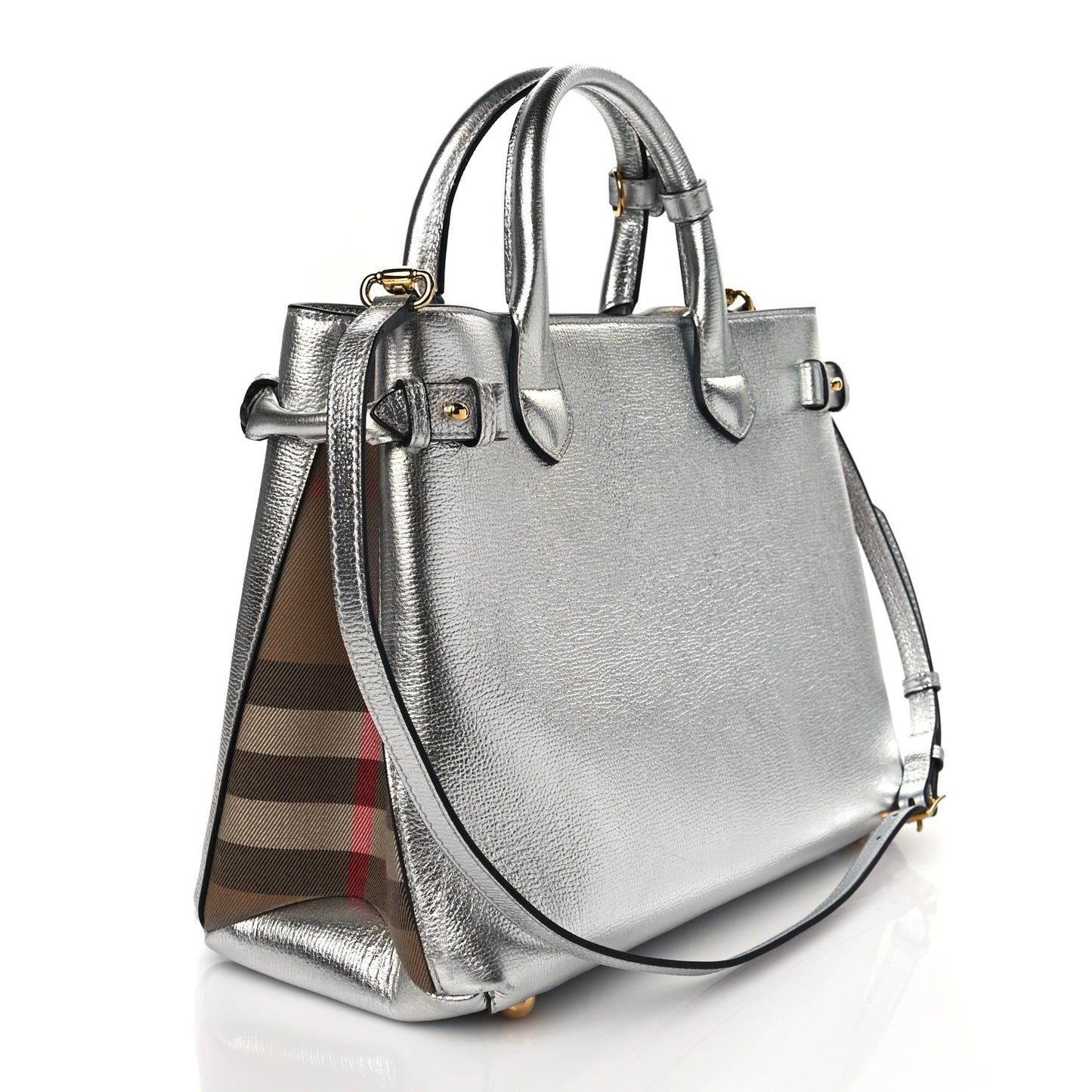 Metallic Grainy Calfskin House Check Medium Banner Tote Silver