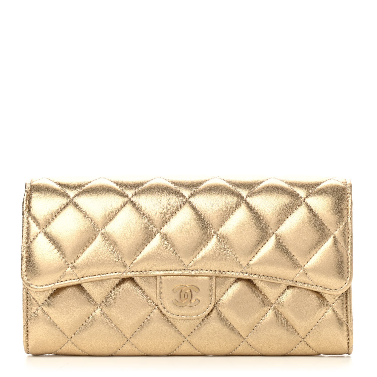Chanel Metallic Lambskin Quilted Large Gusset Flap Wallet Gold 1 of 9