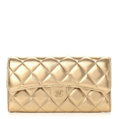 Chanel Metallic Lambskin Quilted Large Gusset Flap Wallet Gold 1 of 9