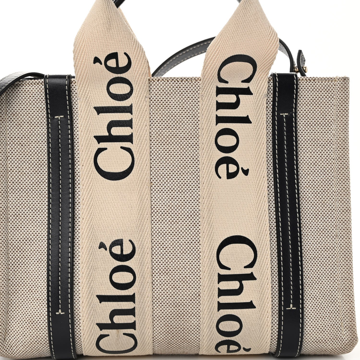 Chloe Cotton Calfskin Small Woody Ribbon Tote With Strap White Navy 7 of 10