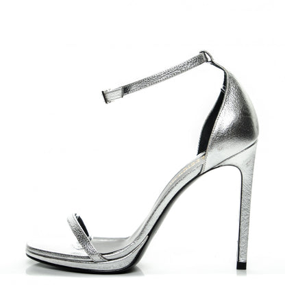 Saint Laurent Metallic Calfskin Jane 110 Ankle Strap Sandals 36.5 Silver 1 of 10