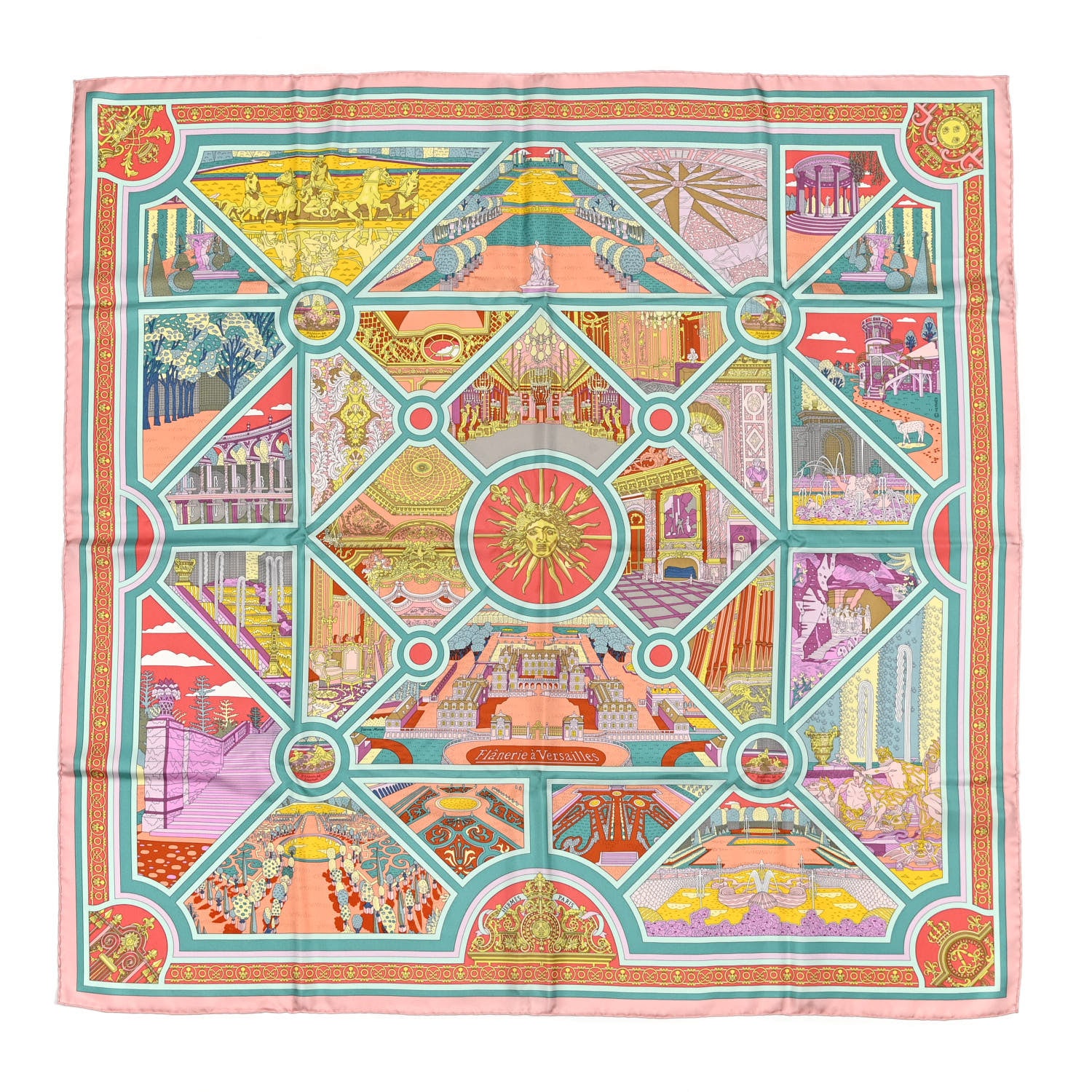 Hermes Silk Flanerie A Versailles Scarf 90 Rose Pale Vert Jaune 1 of 7