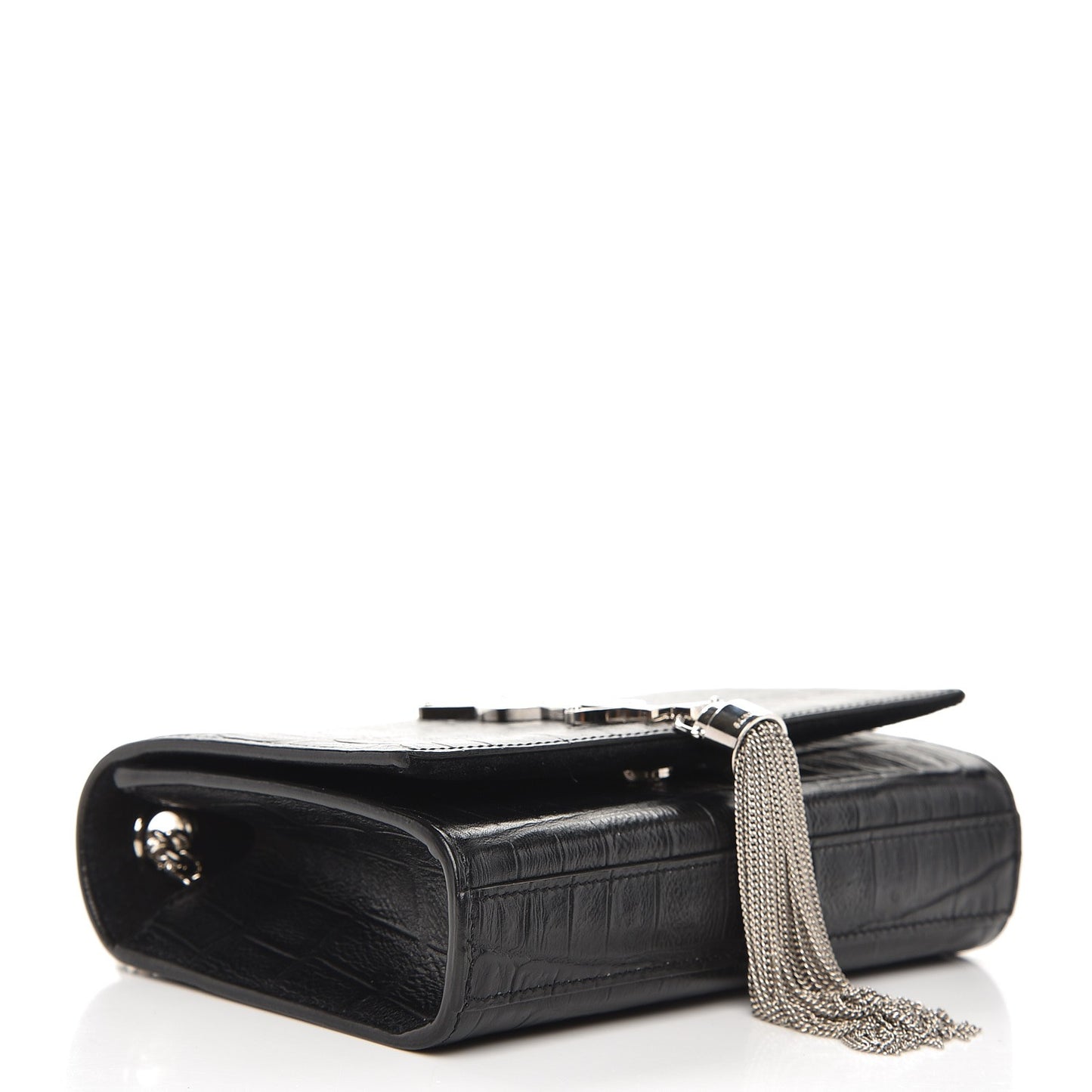 Calfskin Crocodile Embossed Small Classic Monogram Kate Tassel Satchel Black