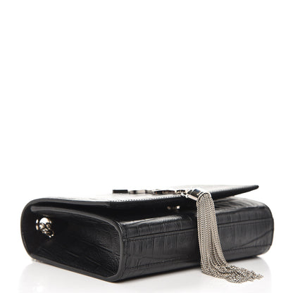 Saint Laurent Calfskin Crocodile Embossed Small Classic Monogram Kate Tassel Satchel Black 5 of 8