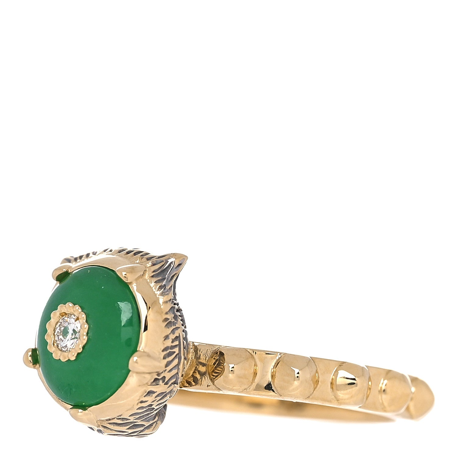 Gucci 18K Yellow Gold Jade Diamond Le Marché Des Merveilles Feline Ring 49 5 3 of 8