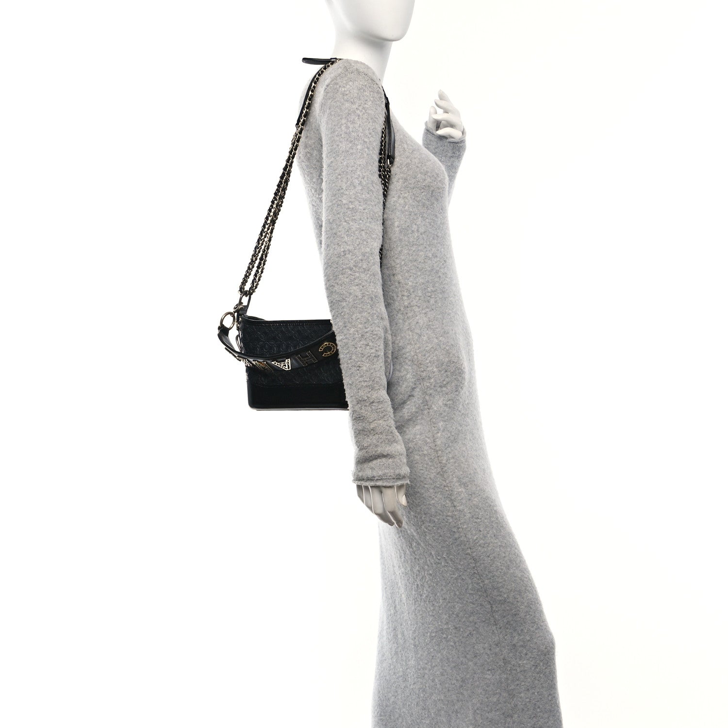 Chanel Calfskin Wool Felt Embossed Small Gabrielle Logo Hobo Black 2 of 9