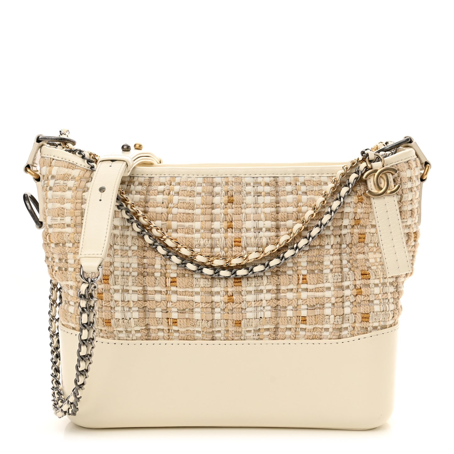 Tweed Calfskin Quilted Medium Gabrielle Hobo Beige Ivory