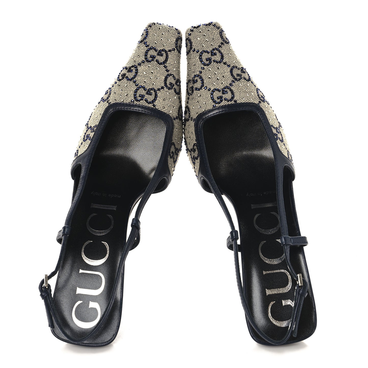 GG Monogram Malaga Kid Crystal Square G 75mm Slingback Pumps 36.5 Beige Blue