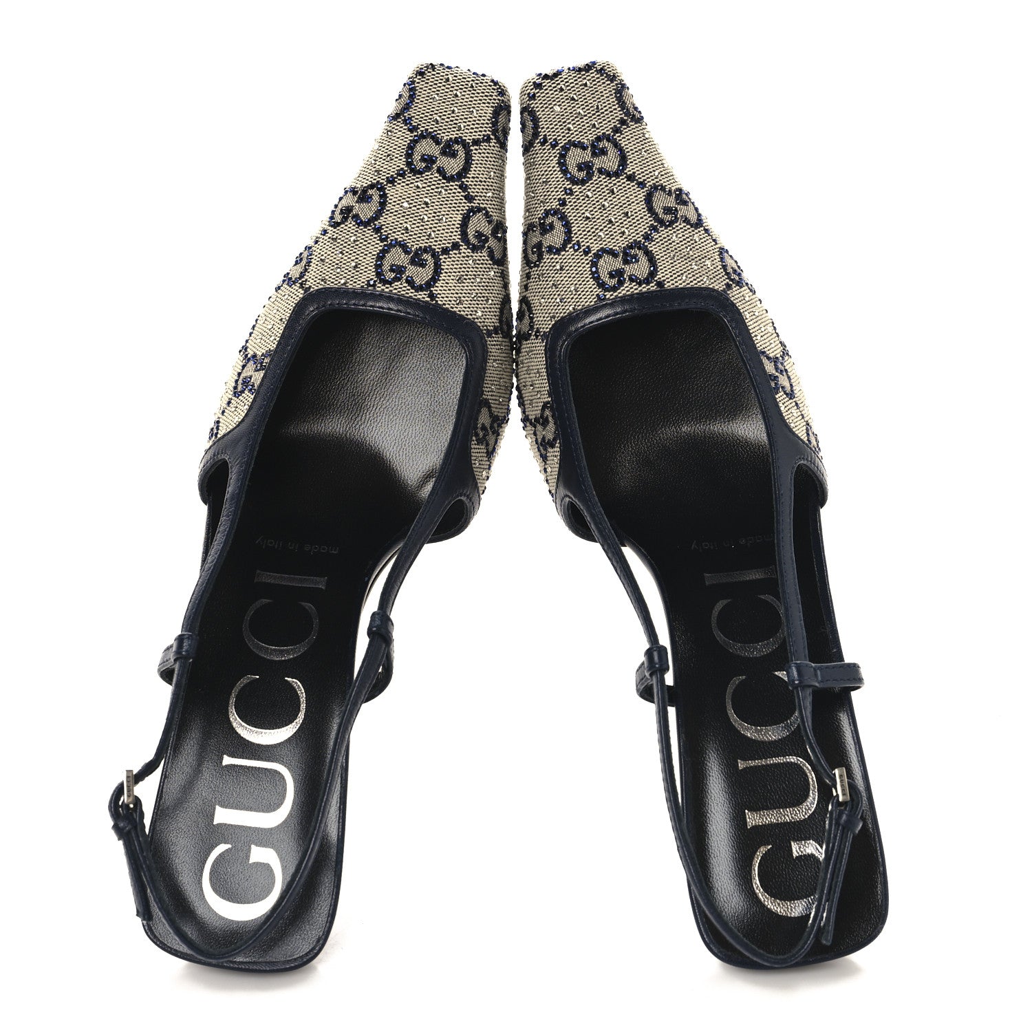 Gucci GG Monogram Malaga Kid Crystal Square G 75mm Slingback Pumps 36.5 Beige Blue 2 of 9