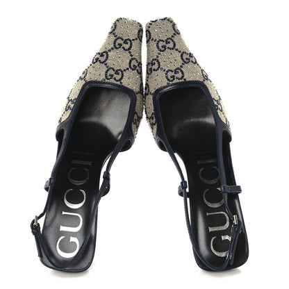 Gucci GG Monogram Malaga Kid Crystal Square G 75mm Slingback Pumps 36.5 Beige Blue 2 of 9