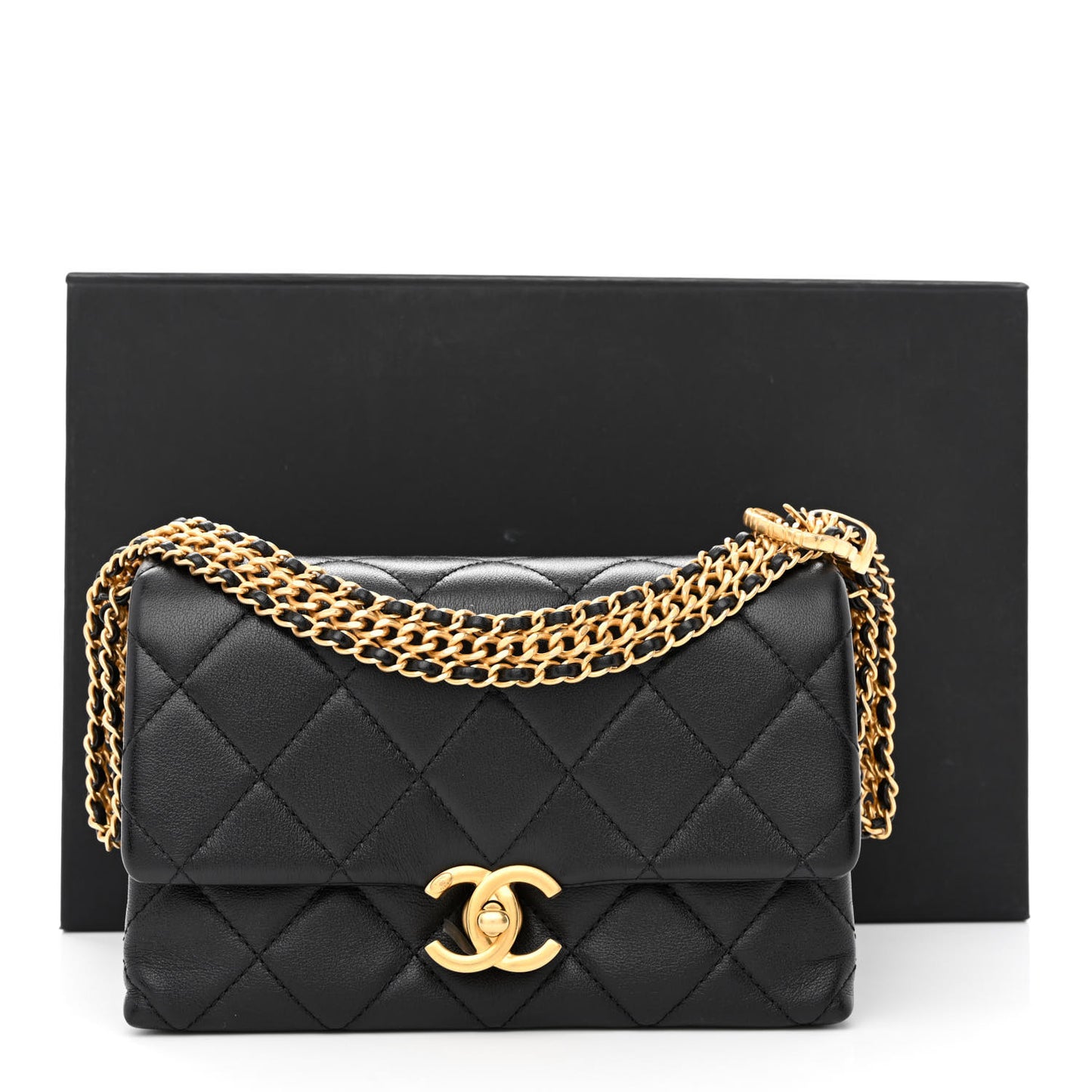 Calfskin Quilted Mini Chain Strap Flap Black