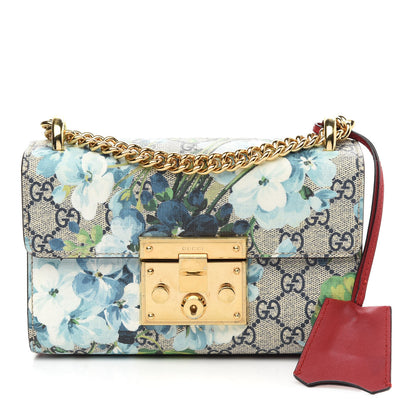 Gucci GG Supreme Monogram Blooms Small Padlock Shoulder Bag Beige Blue Navy Hibiscus Red 1 of 9