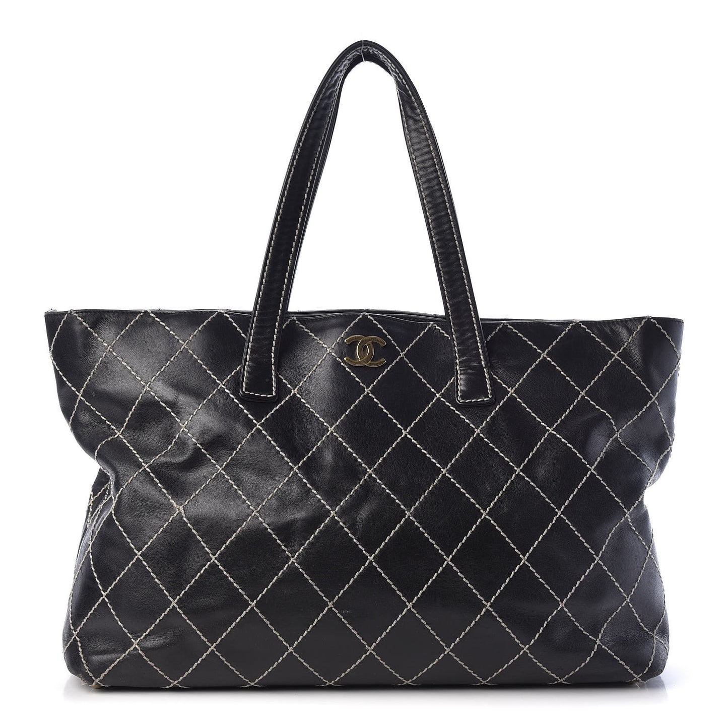 Calfskin Contrast Stitch Surpique Tote Black