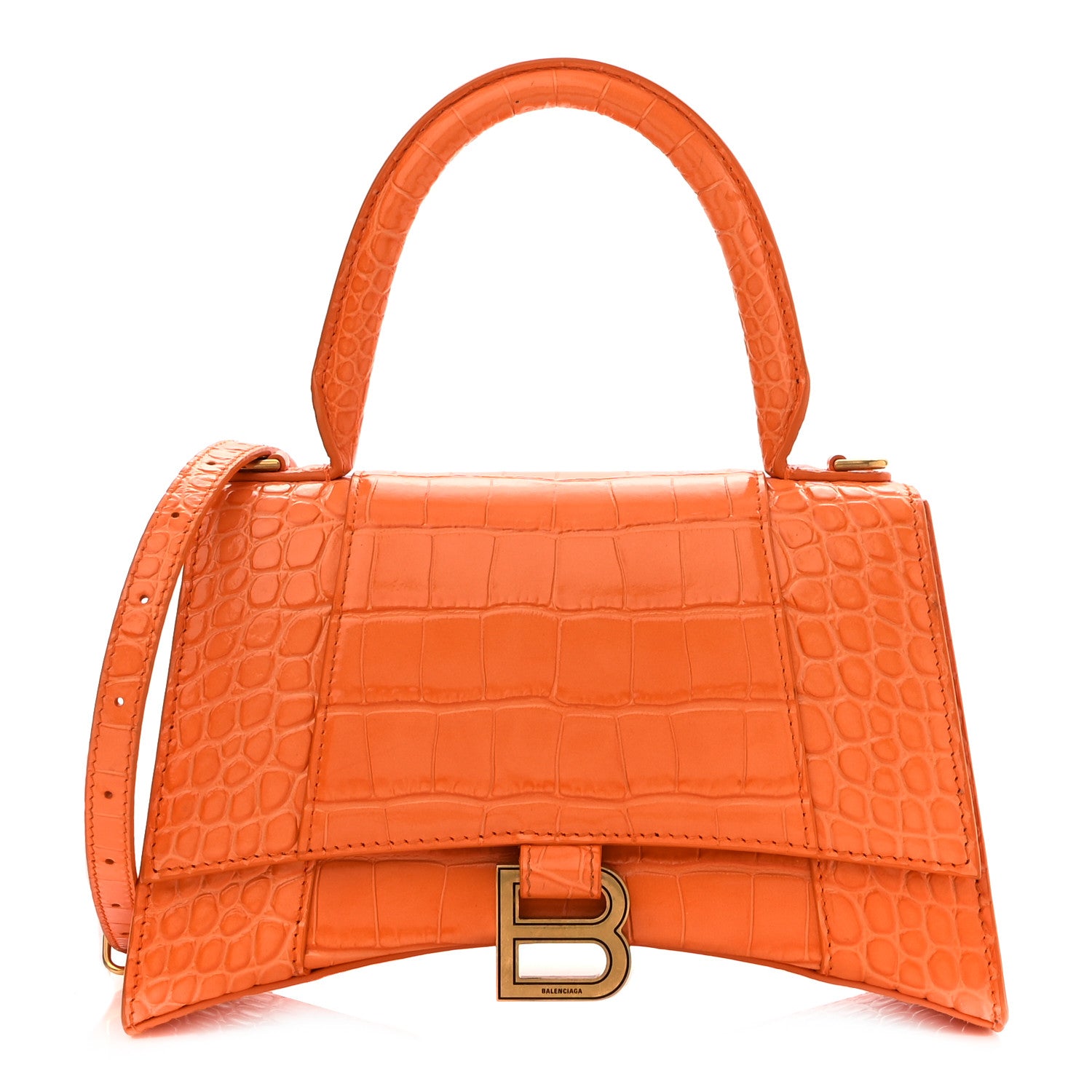 Balenciaga Shiny Calfskin Crocodile Embossed Small Hourglass Top Handle Bag Orange 1 of 12
