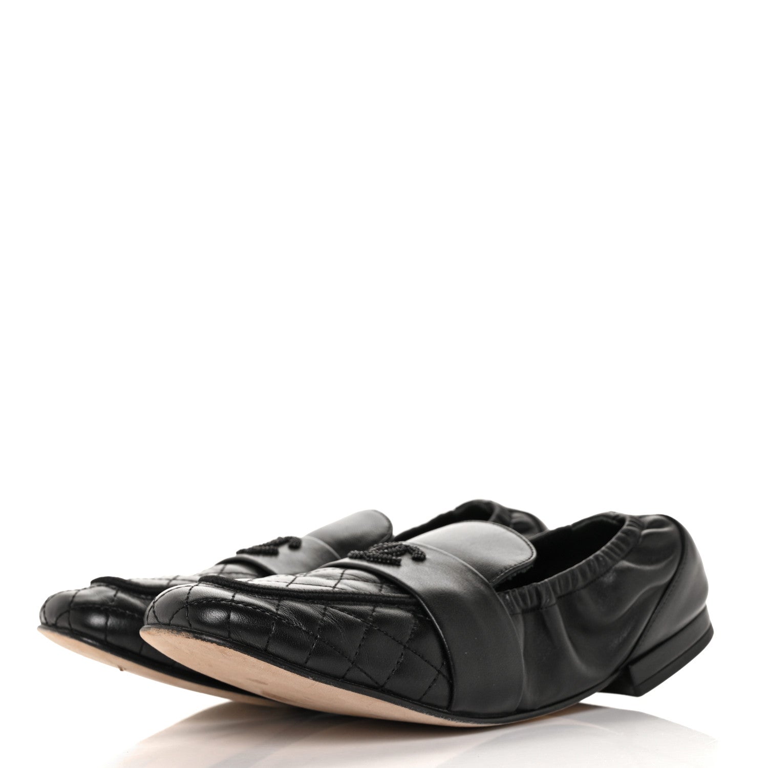 Chanel Laminated Lambskin Womens Quilted Elastic CC Moccasin Loafers 37.5 Black 3 of 8