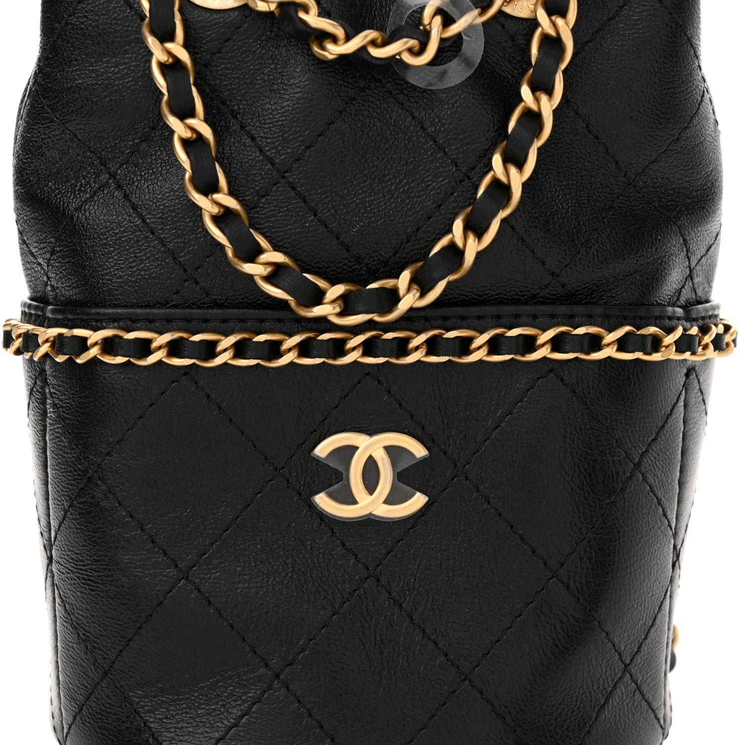 Chanel Shiny Lambskin Quilted Chain Around Drawstring Bucket Clutch With Chain Black 9 of 12