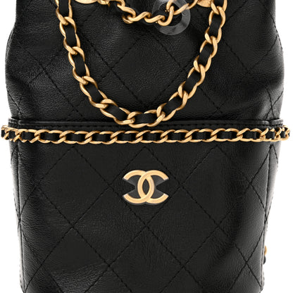 Chanel Shiny Lambskin Quilted Chain Around Drawstring Bucket Clutch With Chain Black 9 of 12